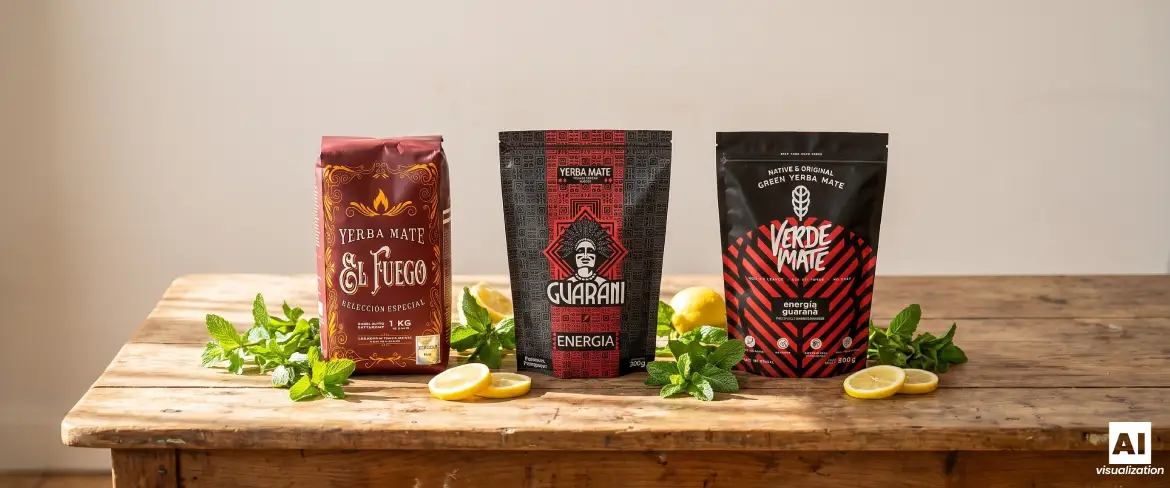 Trzy warianty mocnej yerba mate z guaraną i dymnym suszem na drewnianym stole.