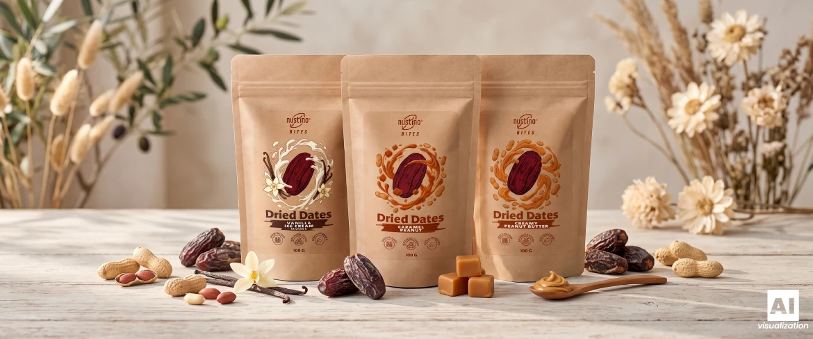 Trzy doypacki Nustino Bites z daktylami smakowymi, orzechami i suszonymi daktylami.