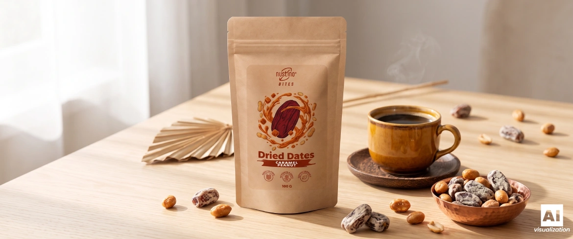 Doypack Nustino Bites Caramel Peanut obok filiżanki kawy i orzechowej przekąski.