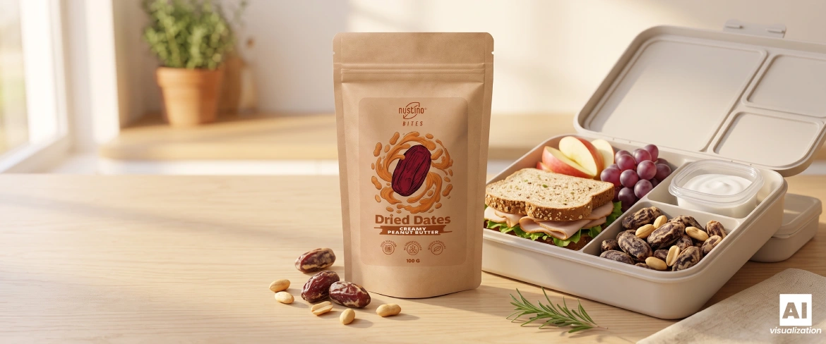 Doypack Nustino Bites Creamy Peanut Butter obok lunchboxa, kanapki, winogron i orzechów.