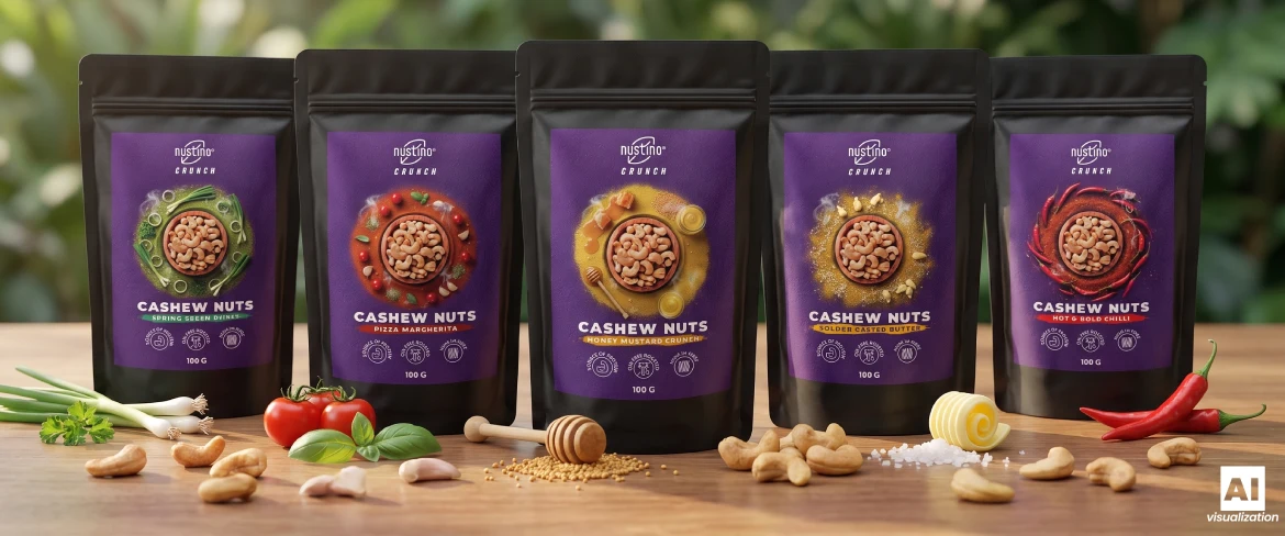 Pięć opakowań Nustino Crunch z prażonymi orzechami nerkowca i dodatkami smakowymi.