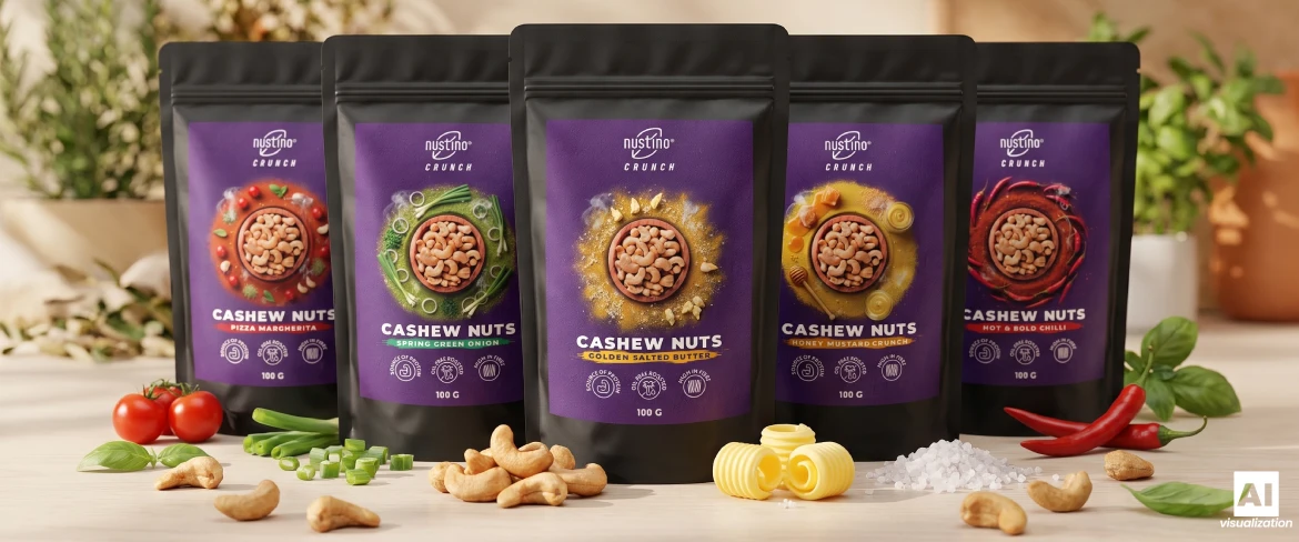 Pięć wariantów smakowych Nustino Crunch z prażonymi orzechami nerkowca.