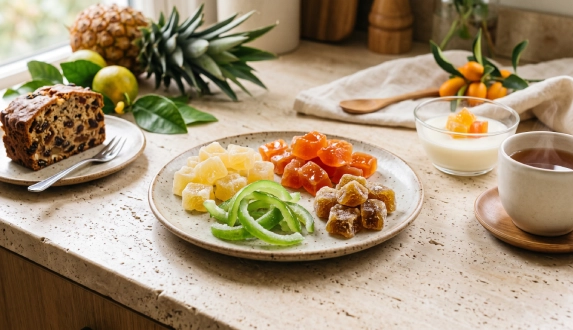 Talerz z kolorowymi owocami kandyzowanymi obok ciasta z bakaliami, jogurtu i aromatycznej herbaty na kuchennym blacie.