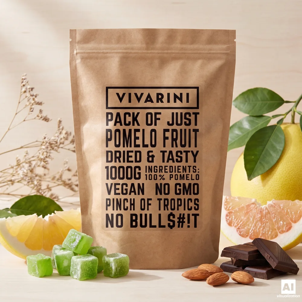 Opakowanie pomelo kandyzowanego marki Vivarini obok świeżych cytrusów, gorzkiej czekolady oraz migdałów.