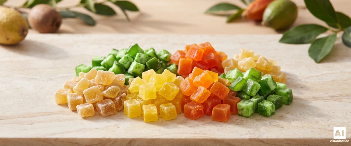 Kolorowe kostki owoców kandyzowanych – ananasa, papai i pomelo – ułożone na jasnym, kamiennym blacie kuchennym.