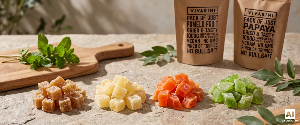 Kostki owoców kandyzowanych obok doypacków pomelo i papai kandyzowanej marki Vivarini na kamiennym blacie.