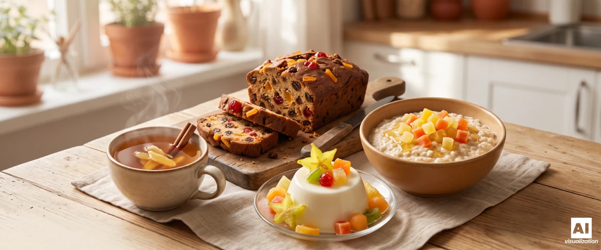 Ciasto z bakaliami, aromatyczna herbata, panna cotta i owsianka z owocami kandyzowanymi na drewnianym stole kuchennym.