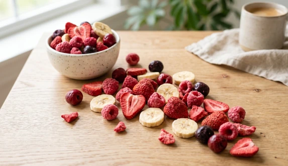 Owoce liofilizowane mix – truskawki, maliny i banany na stole