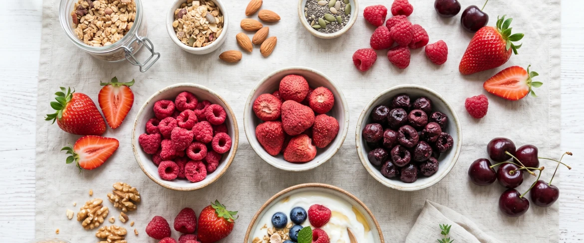 Liofilizowane owoce w miseczkach – truskawki, maliny i wiśnia liofilizowana