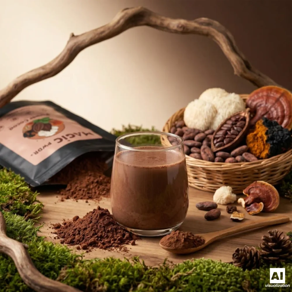 Magic Pwdr Power Cocoa z kakao i ekstraktami grzybów funkcjonalnych obok filiżanki napoju kakaowego.