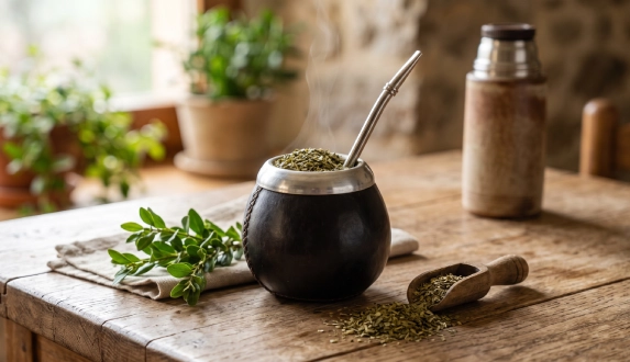 Yerba mate w matero z bombillą, susz i świeże liście ostrokrzewu na drewnianym stole.
