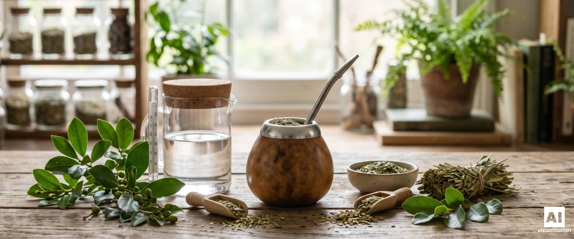Matero z yerba mate, liście ostrokrzewu, susz, woda i termometr do parzenia.