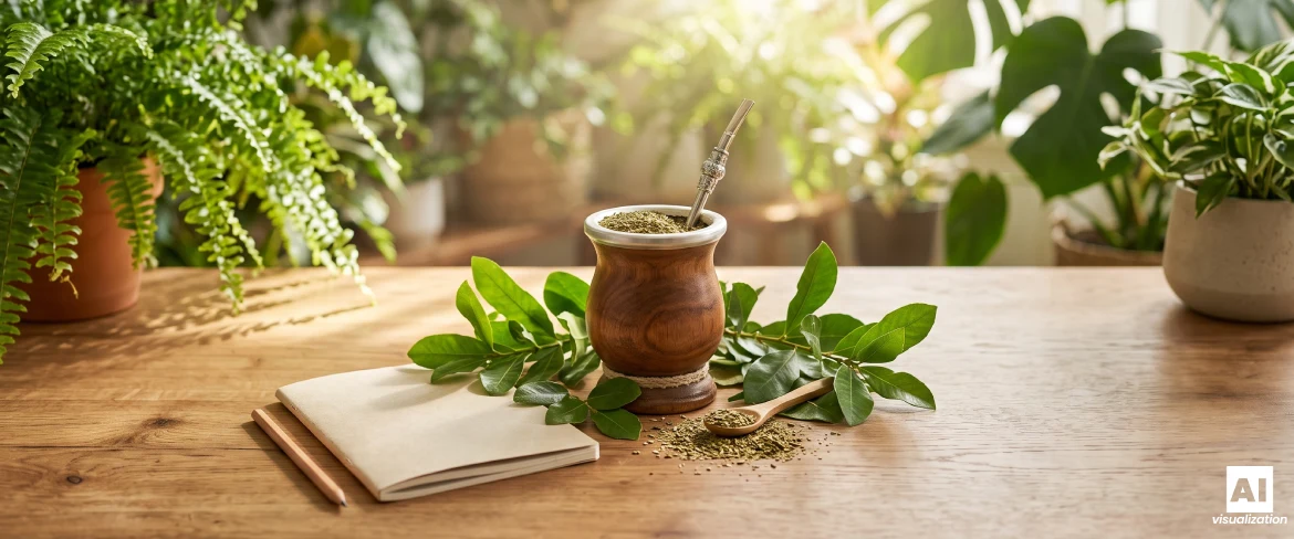 Yerba mate w drewnianym matero z liśćmi ostrokrzewu i notesem na stole.