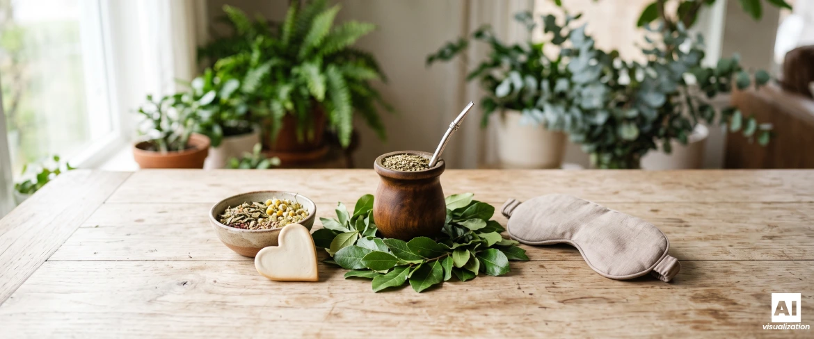 Yerba mate w matero otoczona liśćmi, ziołami i opaską na oczy.