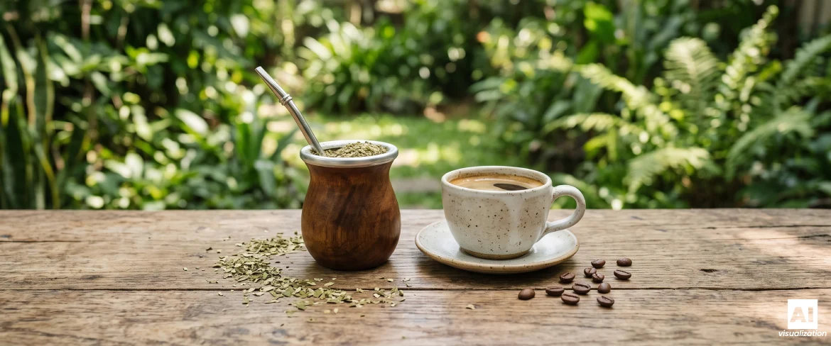 Yerba mate i filiżanka kawy zestawione na drewnianym stole.