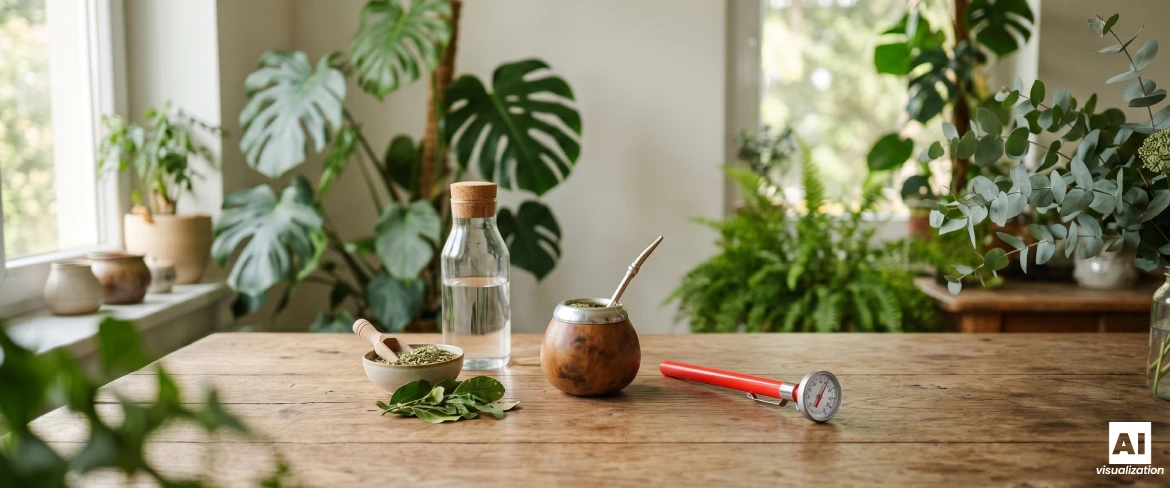 Matero z yerba mate, woda, susz i termometr do kontroli temperatury naparu.