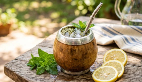 Tradycyjne naczynko z yerba mate terere, kostkami lodu, świeżą miętą i plastrami cytryny na stole
