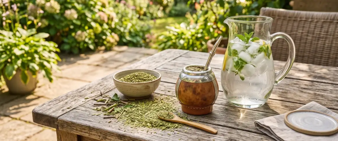Susz yerba mate do terere i szklany dzbanek z lodowatą wodą