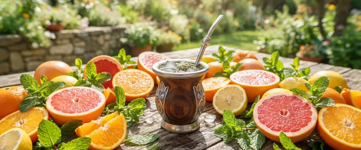 Orzeźwiająca yerba mate na zimno w naczynku otoczonym cytrusami