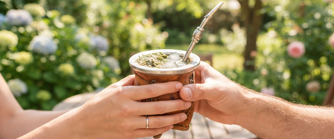 Dwie osoby przekazujące sobie naczynko z lodowatym terere w słonecznym, zielonym ogrodzie