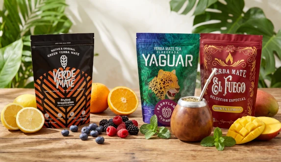Zestaw smakowej yerba mate w doypackach z owocami i matero na stole, cytrusowa i tropikalna yerba mate.