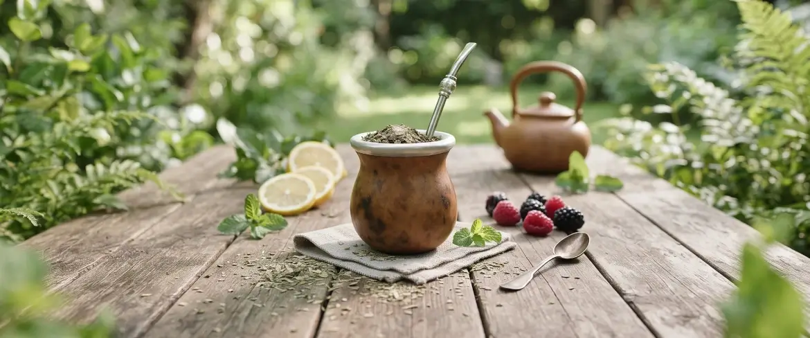 Matero z yerba mate na drewnianym stole, obok cytryny i mięta, naturalny klimat picia naparu.