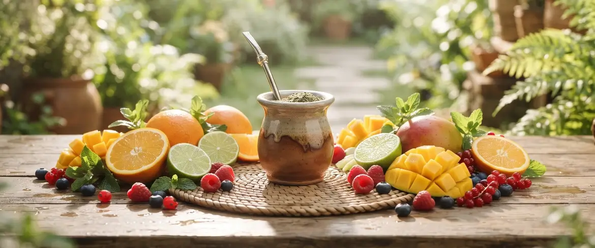 Yerba mate owocowa z cytrusami, mango i owocami leśnymi wokół matero, świeży i orzeźwiający napar.