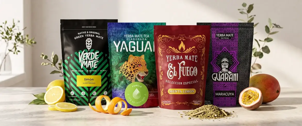 Różne yerba mate smakowe w opakowaniach doypack z owocami, cytrusowa i owocowa yerba mate.