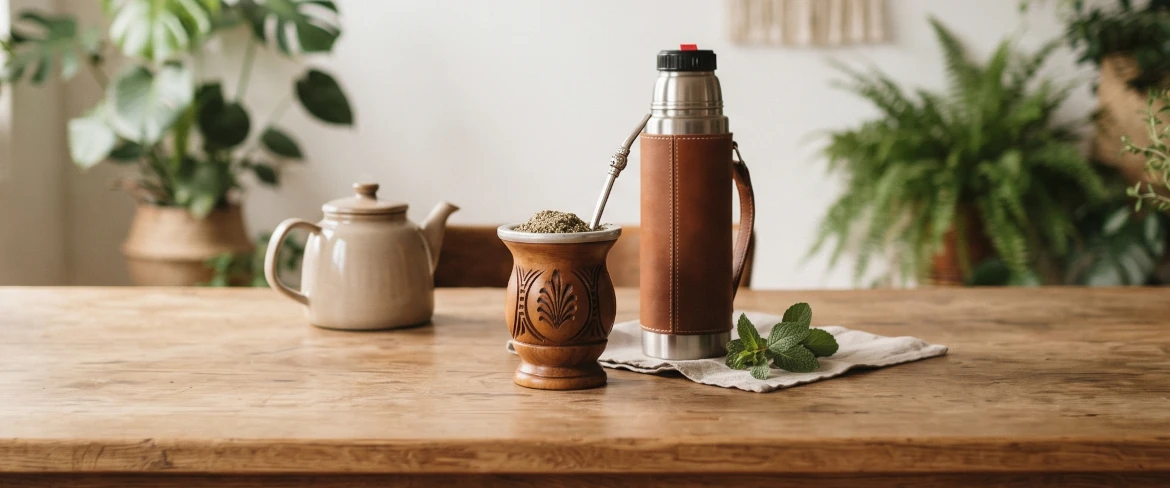 Matero z yerba mate, termos i akcesoria do parzenia na stole, codzienny rytuał picia yerba mate.