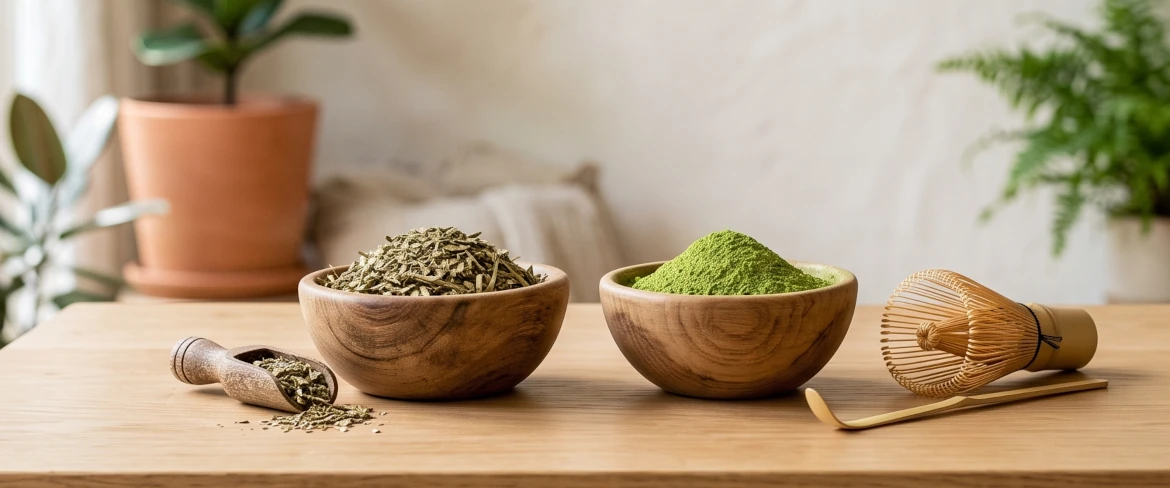 Dylemat matcha czy yerba: drewniane miseczki z suchymi liśćmi ostrokrzewu i zielonym proszkiem.