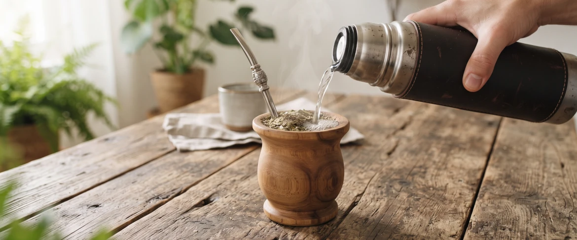 Strumień gorącej wody z termosu wlewany do drewnianego matero z suszem yerba mate i bombillą.
