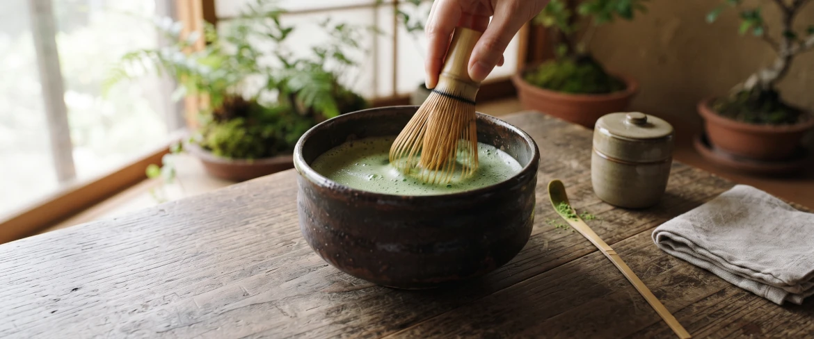 Tradycyjne przygotowanie herbaty matcha w ciemnej czarce za pomocą bambusowej miotełki chasen.