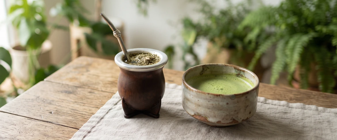 Bezpośrednie porównanie matcha a yerba mate: matero z bombillą i ceramiczna czarka z naparem.