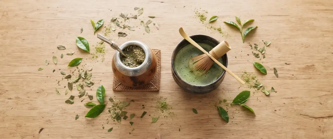 Widok z góry pokazujący yerba mate a matcha: drewniane matero i ceramiczna czarka wśród liści.