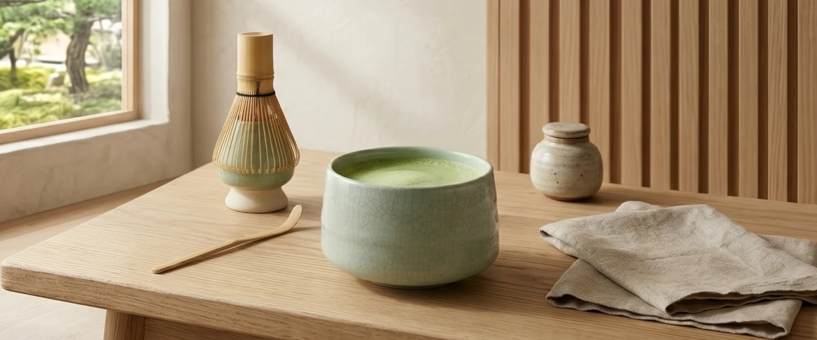 Matcha w czarce matchawan z miotełką chasen – zestaw do parzenia matchy