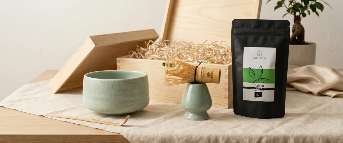 Matcha zestaw prezentowy – matchawan, chasen i herbata matcha w opakowaniu