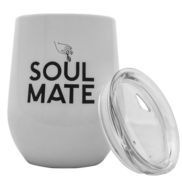 TermoLid – stalowe matero z pokrywką – motyw Soul Mate (biały) – 350 ml