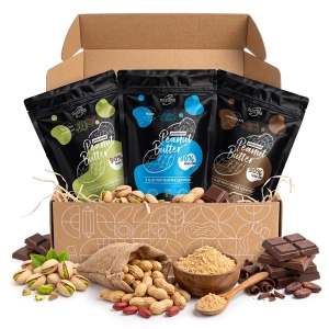 Zestaw prezentowy masło orzechowe w proszku Nustino: Pure + Czekolada + Pistacja & Czekolada 3x400g