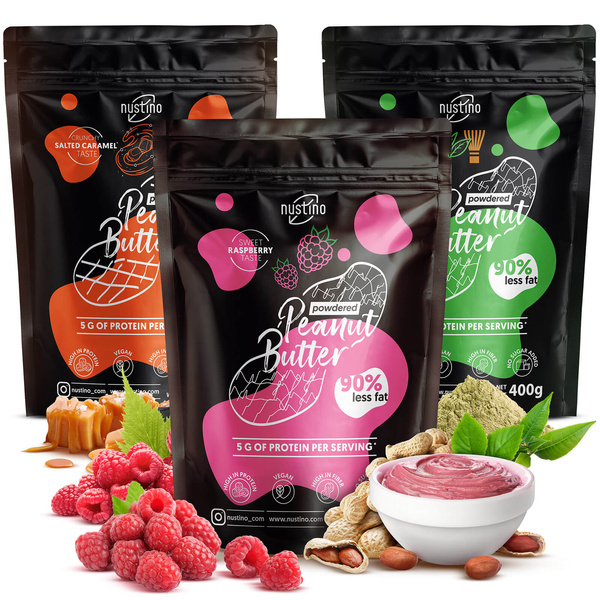 Zestaw masło orzechowe w proszku Nustino: Malina + Słony Karmel + Matcha 3x400g