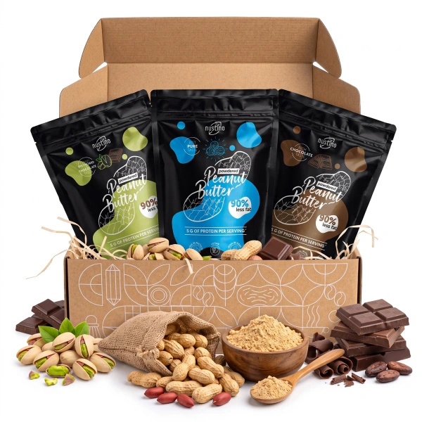 Zestaw prezentowy masło orzechowe w proszku Nustino: Pure + Czekolada + Pistacja & Czekolada 3x400g