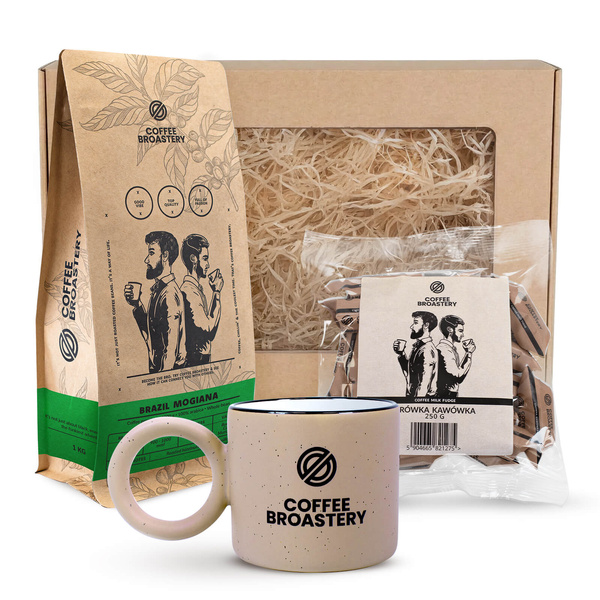 Zestaw prezentowy Bro Coffee Roastery: kawa Brazil Mogiana + krówki + kubek